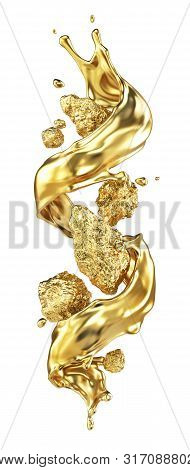 Gold Splash Around Golden Naggets Isolation On A White Background. 3d Illustration