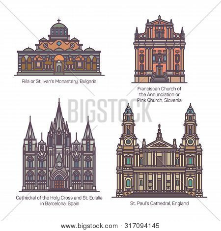 Set Of Christian European Church In Thin Line