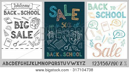 Back To School Sale Flyer. Composition With Educational Pattern. Hand Written Alphabet Lettering Wel