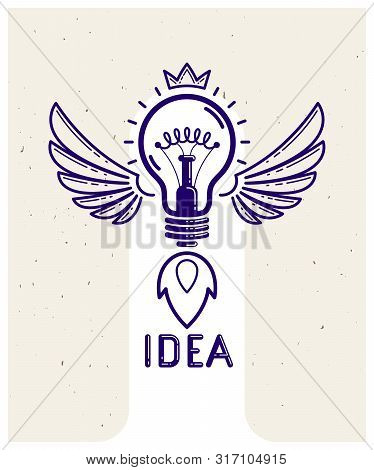 Idea Light Bulb With Wings Launching Like A Rocket Vector Linear Logo Or Icon, Creative Idea Startup