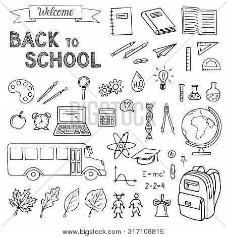 Hand Drawn Back To School Doodle Set. Various School Stuff. Vector Isolated On White Background