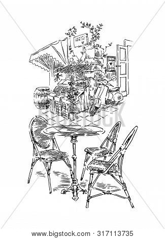 Hand Made Sketch Of Old Street. Line Art Vintage Style Illustration.