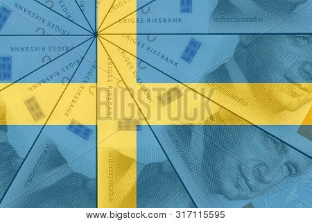 Sweden Monetary Policy And Finances. Swedish Flag Overlaid With New Krone Banknotes Pattern. Money B