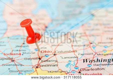 Red Clerical Needle On A Map Of Usa, South Ohio And The Capital Columbus. Close Up Map Of South Ohio