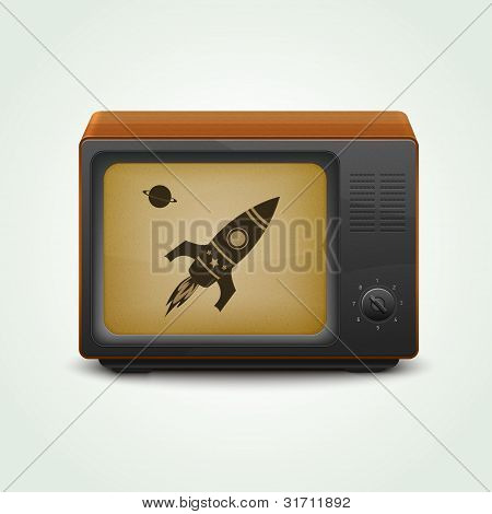 Tv rétro réaliste sertie de rétro fusée dans l'espace