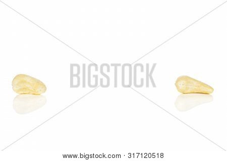 Group Of Two Whole Unsalted Beige Cashew Isolated On White Background