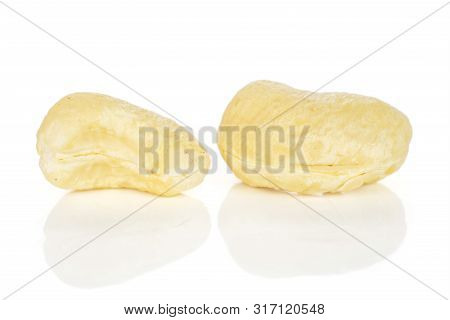 Group Of Two Whole Unsalted Beige Cashew Isolated On White Background
