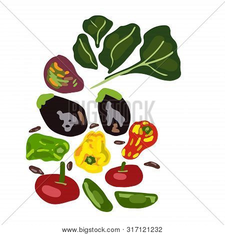 Set Of Fresh Raw Vegetables Isolated On White Background. For Banner, Food Recipe. Flat Cartoon Styl