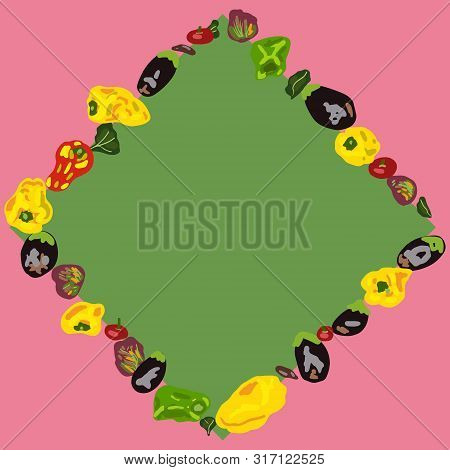 Vegetables Geometric Frame For Text. Flat Cartoon Style. Vector Illustration.