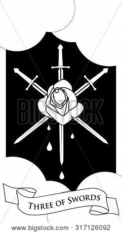 Three Of Swords. Rose Pierced By Three Swords On Clouds Background. Blood Drops.