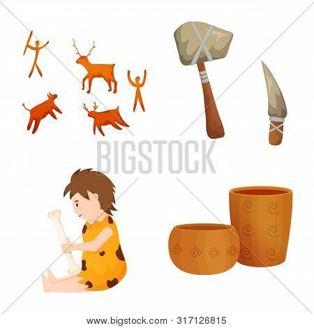 Vector Design Of Age And Stone Sign. Set Of Age And Primitive Stock Vector Illustration.
