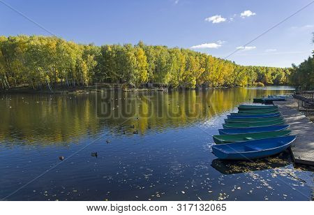 Boat Station Closed At The End Of The Season. Pond In The Landscape Reserve Teply Stan, Moscow, Russ