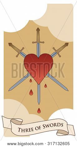 Three Of Swords. Heart Pierced By Three Swords On Clouds Background. Blood Drops.
