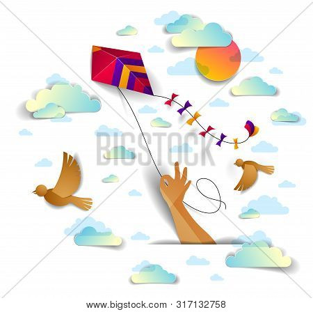 Hand Holding Kite Over Cloudy Sky Birds Flying And Sun, Freedom And Easiness Emotional Concept, Vect