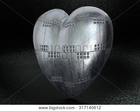 3D render of metal armoured heart on dark background