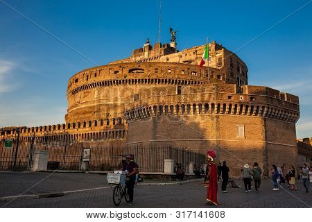 Rome, Italy - April, 2018: Tourists At The Beautiful Mausoleum Of Hadrian Also Called Sant Angelo Ca