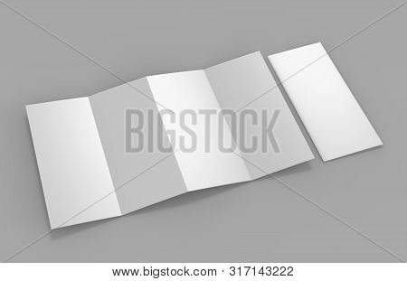 Accordion Fold Vertical Brochure, Twelve Page Leaflet Or Brochure Mockup, Concertina Fold. Blank Whi