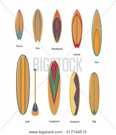 Painted Surfboards With Wooden Texture Set Surfers Equipment For Summer Active Sport Or Recreation. 