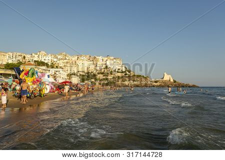 August 12, 2019, Sperlonga, Italy, View On Old Town Sperlonga And Clowded Beach During August Holida