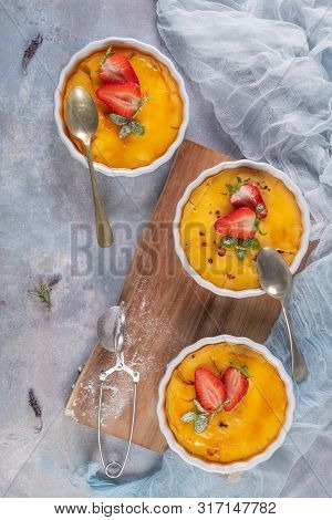 Creme Brulee - Traditional French Vanilla Cream Dessert With Caramelised Sugar On Top. Leite Creme, 