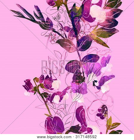 Vertical Seamless Stripe With Vetch Flowers.  Good Idea For Floral Border, Wallpaper, Wrapping Paper