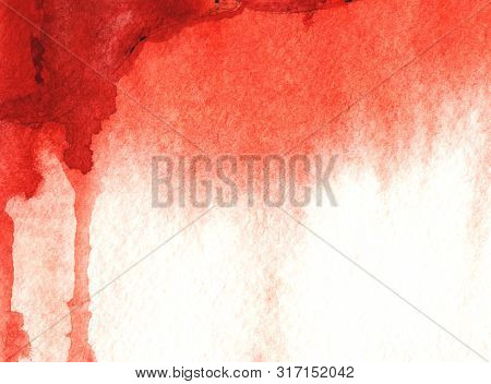 Abstract Watercolor Background. Red And White Backdrop With Blood-red Paint Drips Leaking On Grained