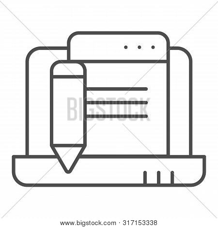 Laptop With Pencil Thin Line Icon. Digital Electronic Signature Vector Illustration Isolated On Whit