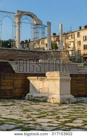 Stara Zagora, Bulgaria - August 5, 2018:  Auditorium Of The Antique Forum At Ruins Of Ancient Roman 