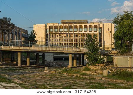 Stara Zagora, Bulgaria - August 5, 2018: Sunset View Of Regional Library And Ruins Of Ancient August