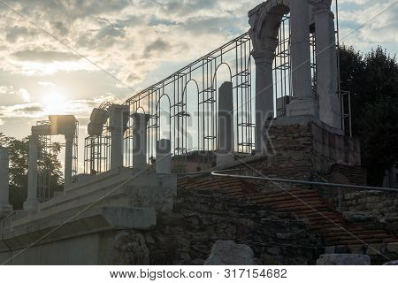 Stara Zagora, Bulgaria - August 5, 2018:  Auditorium Of The Antique Forum At Ruins Of Ancient Roman 