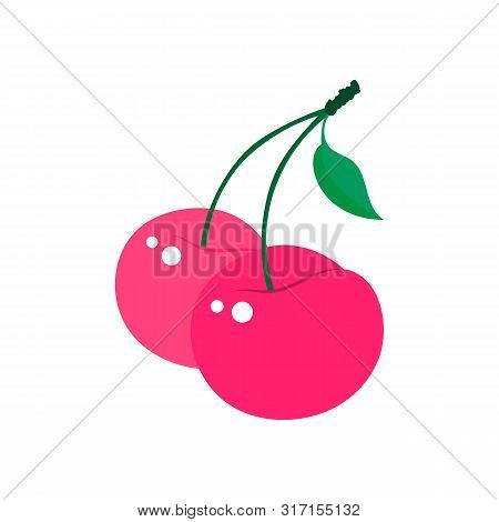 Pink Double Cherry Vector Flat Cartoon Icon Isolated On White Background