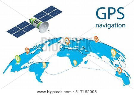 Isometric Gps Navigation In The Phone With A Red Pointer. Gps Tracking Map. Air Cargo Trucking Rail 