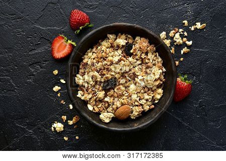 Homemade Multicereal Granola With Fresh Strawberry. Top View With Copy Space.