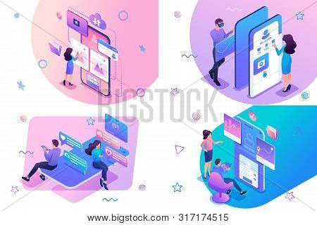 Set Isometric Young People Test And Use Mobile Applications In Social Networks. For Website And Mobi