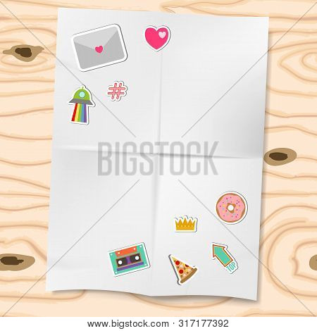 Patches Or Stickers Isolated On White Folded Paper And Wooden Background Vector Illustration. Set Of
