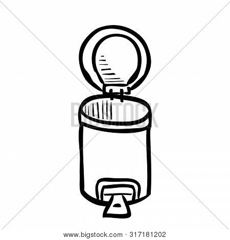 Vector Outline Hand Draw Sketch Of Opened, Empty Clean And Tidy Trash Bin, At White.