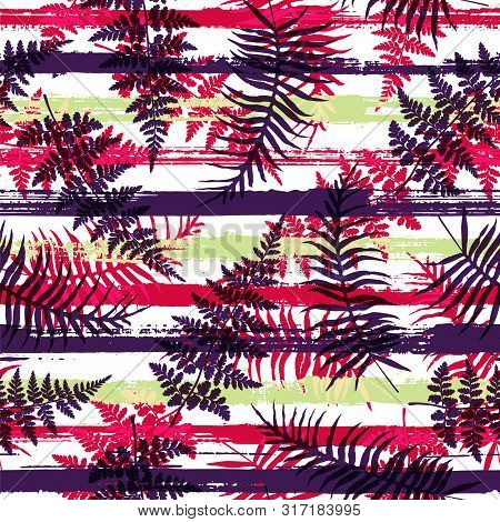 Elegant New Zealand Fern Frond And Bracken Grass Overlapping Stripes Vector Seamless Pattern. Caribb