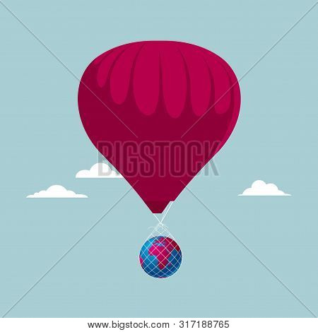 Hot Air Balloons Carry The Earth. Isolated On Blue Background.