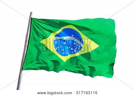 High Resolution Brazilian Flag Fluttering In The Wind With White Background, Isolated National Flag.