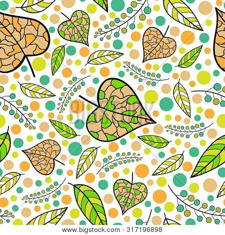Raster Illustration. Pastel Colored Autumn Leaves And Berries With Colorful Dots Seamless Repeat Pat