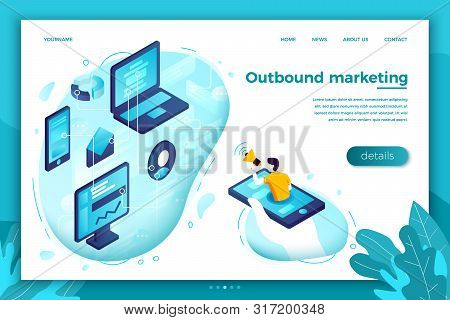 Vector Concept Illustration - Outbound Marketing, Man With Speaker. Modern Bright Banner, Site Templ