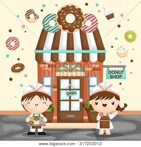 A Vector Of Cute Little Girl And Boy Selling Donut In Front Of A Donut Store