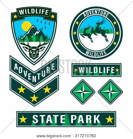 Set Of Mountain Travel, Tourism, Hiking Patches. Forest Camping Outdoor Adventure Emblems, Labels Ba