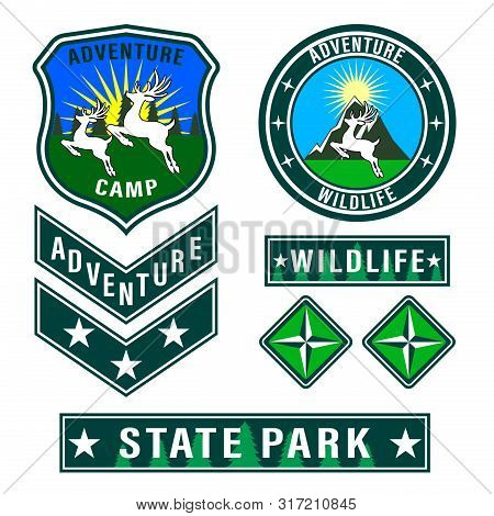 Set Of Mountain Travel, Tourism, Hiking Patches. Forest Camping Outdoor Adventure Emblems, Labels Ba
