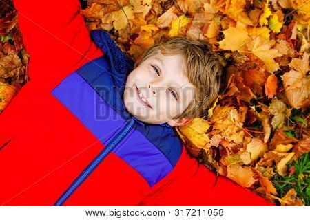 Little Kid Boy Lying In Autumn Leaves In Colorful Fashion Fall Clothing. Happy Healthy Child Having 