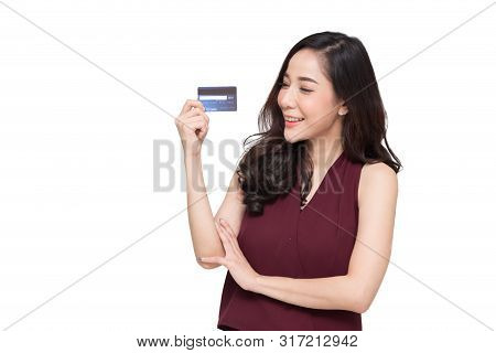 Happy Asian Woman Holding Credit Card Or Cash Advances, Pay Instead Of Money And Specially Curated B