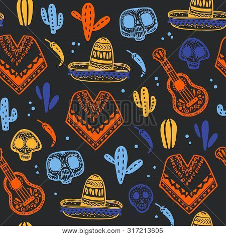 Vector Seamless Pattern With Mexico Traditional Celebration Decor Elements - Guitar, Sombrero, Marac