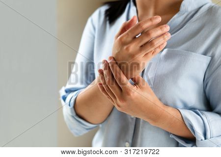 Woman Wrist Arm Pain Long Working. Office Syndrome Healthcare And Medicine Concept