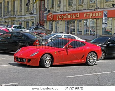 Kiev, Ukraine - June 12, 2011. Ferrari 599 Fiorano. Red Ferrari In The City