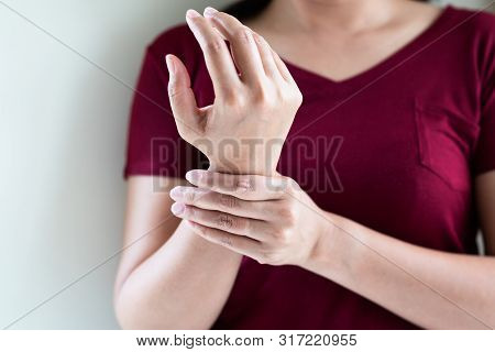 Woman Wrist Arm Pain Long Working. Office Syndrome Healthcare And Medicine Concept